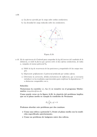 a-36
a) La fuerza ejercida por la carga sobre ambos conductores.
b) La densidad de carga inducida sobre los conductores.
5
4
α
β
α−β
3
0
1
2
Figura A.24:
a-10. En la experiencia de Coulomb para comprobar la ley del inverso del cuadrado de la
distancia, se mide la fuerza que ejercen entre sı́ dos esferas conductoras, de radio
a, cargadas al mismo potencial V0.
a) Halle la ley de recurrencia de las posiciones y magnitudes de las cargas ima-
gen.
b) Represente gráficamente el potencial producido por ambas esferas.
c) Determine la corrección, debida al fenómeno de influencia, que es necesario
introducir en los resultados experimentales para confirmar la dependencia r−2
a distancias comparables con a.
Solución:
Trataremos la cuestión (a). La (b) se resuelve en el programa Mathe-
matica imag-dosesferas.nb.
Como puede verse en la figura A.25, la simetrı́a del problema implica
que en el plano medio se cumpla la condición de Neumann
Ex(
1
2
d1, y) = 0
Podemos abordar este problema por dos caminos:
Como una esfera a potencial V0 frente al plano medio con la condi-
ción especificada anteriormente.
Como un problema de imágenes entre dos esferas.
 