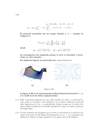 a-38
q1 = 4π ε a V0 , b1 = 0 , d1 = d
qi = −qi−1
a
di−1
, bi =
a2
di−1
, di = d − bi , i = 2, 3 · · ·
El potencial producido por las cargas iniciales y N − 1 parejas de
imágenes es
V (x, y) =
1
4π ε0
N
X
i=1
qi
µ
1
Ri
−
1
R 0
i
¶
donde
Ri =
p
(x − bi)2 + y2 , R 0
i =
p
(x − di)2 + y2
La convergencia está asegurada porque la serie es alternada y decre-
ciente en valor absoluto.
Las siguientes figuras son generadas por imag-dosesferas.nb.
0
2
4
6
x
-2
-1
0
1
2
y
0.5
0.6
0.7
0.8
0.9
1
V
0
2
4
x
2
-1
0
1
0 1 2 3 4 5 6
x
-2
-1
0
1
2
y
(a) (b)
Figura A.26:
La figura A.26a es la representación tridimensional del potencial V (x, y)
y la A.26b la de las lı́neas equipotenciales.
a-11. Halle el potencial producido por una esfera metálica de radio a, a potencial V0,
cuyo centro se encuentra a una distancia d de un plano conductor a potencial
nulo. Supuesto que el eje z es perpendicular al plano y pasa por el centro de la
esfera, Dibuje la gráfica de la densidad superficial de carga en el esfera en función
del ángulo polar.
a-12. Un hilo conductor que transporta una corriente I está situado en el centro de una
región vacı́a entre de dos bloques ferromagnéticos con µ → ∞ y separados una
distancia d. Calcule el campo magnético en la región entre los dos bloques.
 