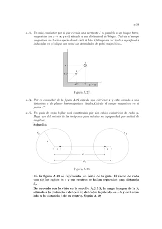 a-39
a-13. Un hilo conductor por el que circula una corriente I es paralelo a un bloque ferro-
magnético con µ → ∞ y está situado a una distancia d del bloque. Calcule el campo
magnético en el semiespacio donde está el hilo. Obtenga las corrientes superficiales
inducidas en el bloque ası́ como las densidades de polos magnéticos.
o
µ
a
a/2
a/2 a
I
o
P
Figura A.27:
a-14. Por el conductor de la figura A.27 circula una corriente I y esta situado a una
distancia a de planos ferromagnético ideales.Calcule el campo magnético en el
punto P.
a-15. Un guı́a de onda bifilar está constituida por dos cables cilı́ndricos de radio a.
Haga uso del método de las imágenes para calcular su capapacidad por unidad de
longitud.
Solución:
c
0
c
d
c
a
d
V0
-V
Figura A.28:
En la figura A.28 se representa un corte de la guı́a. El radio de cada
uno de los cables es a y sus centros se hallan separados una distancia
dc.
De acuerdo con lo visto en la sección A.2.5.3, la carga imagen de la λ,
situada a la distancia d del centro del cable izquierdo, es −λ y está situ-
ada a la distancia c de su centro. Según A.19
 