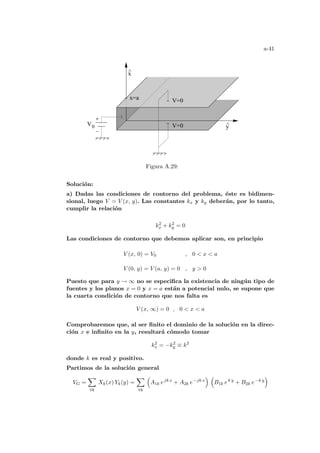 a-41
V0
x
^
y
^
x=a
V=0
V=0
Figura A.29:
Solución:
a) Dadas las condiciones de contorno del problema, éste es bidimen-
sional, luego V = V (x, y). Las constantes kx y ky deberán, por lo tanto,
cumplir la relación
k2
x + k2
y = 0
Las condiciones de contorno que debemos aplicar son, en principio
V (x, 0) = V0 , 0  x  a
V (0, y) = V (a, y) = 0 , y  0
Puesto que para y → ∞ no se especifica la existencia de ningún tipo de
fuentes y los planos x = 0 y x = a están a potencial nulo, se supone que
la cuarta condición de contorno que nos falta es
V (x, ∞) = 0 , 0  x  a
Comprobaremos que, al ser finito el dominio de la solución en la direc-
ción x e infinito en la y, resultará cómodo tomar
k2
x = −k2
y ≡ k2
donde k es real y positivo.
Partimos de la solución general
VG =
X
∀k
Xk(x) Yk(y) =
X
∀k
³
A1k ejk x
+ A2k e−jk x
´ ³
B1k ek y
+ B2k e−k y
´
 