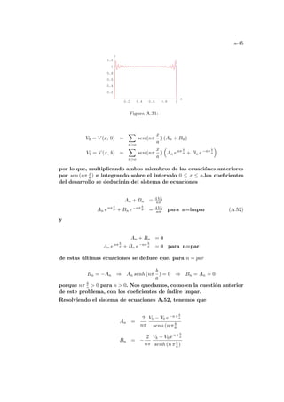 a-45
0.2 0.4 0.6 0.8 1
x
0.2
0.4
0.6
0.8
1
1.2
V
Figura A.31:
V0 = V (x, 0) =
X
no
sen (nπ
x
a
) (An + Bn)
Vb = V (x, b) =
X
no
sen (nπ
x
a
)
³
An enπ b
a + Bn e−nπ b
a
´
por lo que, multiplicando ambos miembros de las ecuaciónes anteriores
por sen (nπ x
a ) e integrando sobre el intervalo 0 ≤ x ≤ a,los coeficientes
del desarrollo se deducirán del sistema de ecuaciones
An + Bn = 4 V0
nπ
An enπ b
a + Bn e−nπ b
a = 4 Vb
nπ para n=impar (A.52)
y
An + Bn = 0
An enπ b
a + Bn e−nπ b
a = 0 para n=par
de estas últimas ecuaciones se deduce que, para n = par
Bn = −An ⇒ An senh (nπ
b
a
) = 0 ⇒ Bn = An = 0
porque nπ b
a  0 para n  0. Nos quedamos, como en la cuestión anterior
de este problema, con los coeficientes de ı́ndice impar.
Resolviendo el sistema de ecuaciones A.52, tenemos que
An =
2
nπ
Vb − V0 e−n π b
a
senh (n π b
a
Bn = −
2
nπ
Vb − V0 en π b
a
senh (n π b
a)
 