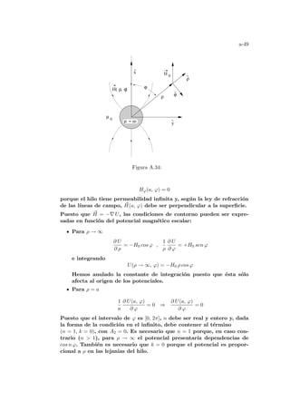 a-49
^
ρ
^
ρ
H( , )
ρ ϕ
µ oo
µ 0
ϕ
H 0
x
^
y
^
ϕ
Figura A.34:
Hϕ(a, ϕ) = 0
porque el hilo tiene permeabilidad infinita y, según la ley de refracción
de las lı́neas de campo, ~
H(a, ϕ) debe ser perpendicular a la superficie.
Puesto que ~
H = −∇ U, las condiciones de contorno pueden ser expre-
sadas en función del potencial magnético escalar:
Para ρ → ∞
∂ U
∂ ρ
= −H0 cos ϕ ,
1
ρ
∂ U
∂ ϕ
= +H0 sen ϕ
e integrando
U(ρ → ∞, ϕ) = −H0 ρ cos ϕ
Hemos anulado la constante de integración puesto que ésta sólo
afecta al origen de los potenciales.
Para ρ = a
1
a
∂ U(a, ϕ)
∂ ϕ
= 0 ⇒
∂ U(a, ϕ)
∂ ϕ
= 0
Puesto que el intervalo de ϕ es [0, 2π], n debe ser real y entero y, dada
la forma de la condición en el infinito, debe contener al término
(n = 1, k = 0), con A2 = 0. Es necesario que n = 1 porque, en caso con-
trario (n  1), para ρ → ∞ el potencial presentarı́a dependencias de
cos n ϕ. También es necesario que k = 0 porque el potencial es propor-
cional a ρ en las lejanias del hilo.
 