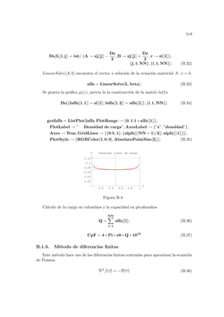 b-9
Do[L[[i, j]] = int/.{A → zj[[j]] −
Dz
2
, B → zj[[j]] +
Dz
2
, v → zi[[i]]},
{j, 1, NN}, {i, 1, NN}]; (B.32)
LinearSolve[A, b] encuentra el vector x solución de la ecuación matricial A · x = b.
alfa = LinearSolve[L, beta]; (B.33)
Se genera la gráfica ρl(z), previa la la construcción de la matriz lalfa
Do[{lalfa[[i, 1]] = zi[[i]], lalfa[[i, 2]] = alfa[[i]]}, {i, 1, NN}]; (B.34)
grafalfa = ListPlot[lalfa, PlotRange → {0, 1.1 ∗ alfa[[1]]},
PlotLabel → ” Densidad de carga”, AxesLabel → {”z”, ”densidad”},
Axes → True, GridLines → {{0.5, 1}, {alpfa[[(NN + 1)/2]], alpfa[[(1]]}},
PlotStyle → {RGBColor[1, 0, 0], AbsolutePointSize[2]}]; (B.35)
0.2 0.4 0.6 0.8 1
z
0.02
0.04
0.06
0.08
0.1
0.12
rl Densidad lineal de carga
Figura B.4:
Cálculo de la carga en culombios y la capacidad en picofaradios
Q =
NN
X
i=1
alfa[[i]]; (B.36)
CpF = 4 ∗ Pi ∗ e0 ∗ Q ∗ 1012
(B.37)
B.1.3. Método de diferencias finitas
Este método hace uso de las diferencias finitas centradas para aproximar la ecuación
de Poisson
∇2
f(~
r) = −D(~
r) (B.38)
 