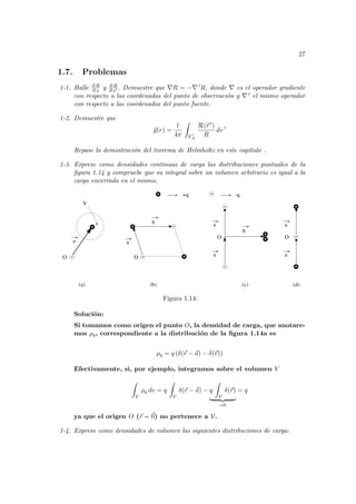 27
1.7. Problemas
1-1. Halle ∂ R
∂ x y ∂ R
∂ x0 . Demuestre que ∇R = −∇ 0R, donde ∇ es el operador gradiente
con respecto a las coordenadas del punto de observación y ∇ 0 el mismo operador
con respecto a las coordenadas del punto fuente.
1-2. Demuestre que
~
g(r) =
l
4π
Z
V 0
0
R(~
r 0)
R
dv 0
Repase la demostración del teorema de Helmholtz en este capı́tulo .
1-3. Exprese como densidades continuas de carga las distribuciones puntuales de la
figura 1.14 y compruebe que su integral sobre un volumen arbitrario es igual a la
carga encerrada en el mismo.
O O
V
O
O
a
+q -q
(b)
a
a
b
a
a
(c) (d)
a
(a)
b
Figura 1.14:
Solución:
Si tomamos como origen el punto O, la densidad de carga, que anotare-
mos ρq, correspondiente a la distribución de la figura 1.14a es
ρq = q (δ(~
r − ~
a) − δ(~
r))
Efectivamente, si, por ejemplo, integramos sobre el volumen V
Z
V
ρq dv = q
Z
V
δ(~
r − ~
a) − q
Z
V
δ(~
r)
| {z }
=0
= q
ya que el origen O (~
r = ~
0) no pertenece a V.
1-4. Exprese como densidades de volumen las siguientes distribuciones de carga:
 