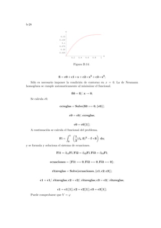 b-28
0.2 0.4 0.6 0.8 1
x
0.025
0.05
0.075
0.1
0.125
0.15
V
Figura B.14:
fi = c0 + c1 ∗ x + c2 ∗ x2
+ c3 ∗ x3
;
Sólo es necesario imponer la condición de contorno en x = 0. La de Neumann
homogénea se cumple automaticamente al minimizar el funcional.
fi0 = fi/. x → 0;
Se calcula c0.
ccreglas = Solve[fi0 == 0, {c0}];
c0 = c0/. ccreglas;
c0 = c0[[1]];
A continuación se calcula el funcional del problema.
Fi =
Z 1
0
µ
1
2
(∂x fi)2
− f ∗ fi
¶
dx;
y se formula y soluciona el sistema de ecuaciones.
Fi1 = ∂c1Fi, Fi2 = ∂c2Fi, Fi3 = ∂c3Fi;
ecuaciones = {Fi1 == 0, Fi2 == 0, Fi3 == 0};
ritzreglas = Solve[ecuaciones, {c1, c2, c3}];
c1 = c1/. ritzreglas; c2 = c2/. ritzreglas; c3 = c3/. ritzreglas;
c1 = c1[[1]]; c2 = c2[[1]]; c3 = c3[[1]];
Puede comprobarse que V = ϕ
 