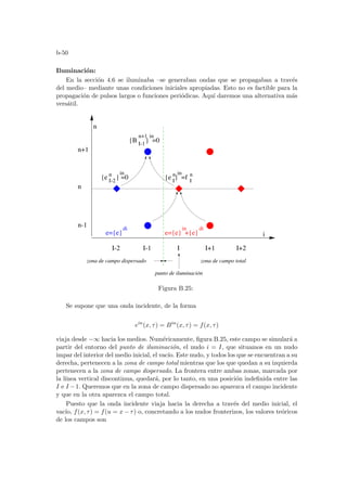 b-50
Iluminación:
En la sección 4.6 se iluminaba –se generaban ondas que se propagaban a través
del medio– mediante unas condiciones iniciales apropiadas. Esto no es factible para la
propagación de pulsos largos o funciones periódicas. Aquı́ daremos una alternativa más
versátil.
e={e} +{e}
di
n+1
I-1
{B } =0
in
n
I
in
in
n
n
n+1
I-2
i
I+2
I+1
I
I-1
zona de campo total
zona de campo dispersado
punto de iluminación
n-1
e={e}
di
in
n
I-2
{e } =0 {e } =f
n
I
Figura B.25:
Se supone que una onda incidente, de la forma
ein
(x, τ) = Bin
(x, τ) = f(x, τ)
viaja desde −∞ hacia los medios. Numéricamente, figura B.25, este campo se simulará a
partir del entorno del punto de iluminación, el nudo i = I, que situamos en un nudo
impar del interior del medio inicial, el vacı́o. Este nudo, y todos los que se encuentran a su
derecha, pertenecen a la zona de campo total mientras que los que quedan a su izquierda
pertenecen a la zona de campo dispersado. La frontera entre ambas zonas, marcada por
la lı́nea vertical discontinua, quedará, por lo tanto, en una posición indefinida entre las
I e I −1. Queremos que en la zona de campo dispersado no aparezca el campo incidente
y que en la otra aparezca el campo total.
Puesto que la onda incidente viaja hacia la derecha a través del medio inicial, el
vacı́o, f(x, τ) = f(u = x − τ) o, concretando a los nudos fronterizos, los valores teóricos
de los campos son
 