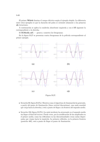 b-60
El primer Which ilumina el campo eléctrico según el ejemplo elegido. La diferencia
entre estos ejemplos es que la duración del pulso se extiende solamente a las primeras
nL iteraciones.
A continuación se aplica la condición absorbente izquierda y con el If siguiente la
correspondiente a la derecha.
El If[Mod[k, nif] · · · genera y muestra los fotogramas.
En la figura B.27 se presentan cuatro fotogramas de la pelı́cula correspondiente al
primer ejemplo.
(c)
100 200 300 400 500
-1
-0.5
0.5
1
100 200 300 400 500
-1
-0.5
0.5
1
100 200 300 400 500
-1
-0.5
0.5
1
(a)
(d)
(b)
100 200 300 400 500
-1
-0.5
0.5
1
Figura B.27:
Iteración 96 (figura B.27a): Muestra como el algoritmo de iluminación ha generado,
a partir del punto de iluminación (lı́nea vertical discontinua), una onda senoidal
que viaja hacia la derecha y está a punto de llegar a la frontera del segundo medio.
Iteración 198 (figura B.27b): La onda incidente ha atravesado ya el segundo medio
sin llegar al final del tercero. Puede verse, por la modificación de las amplitudes en
el primer medio, como las reflexiónes en las discontinuidades crean ondas disper-
sadas que viajan hacia la izquierda. La primera reflexión, en la primera frontera
(posición 400), está a punto de llegar al punto de iluminación.
 