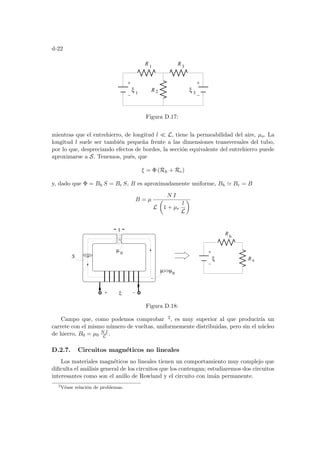 d-22
2
R 1
R 3
ξ R
1
ξ 3
Figura D.17:
mientras que el entrehierro, de longitud l ¿ L, tiene la permeabilidad del aire, µo. La
longitud l suele ser también pequeña frente a las dimensiones transversales del tubo,
por lo que, despreciando efectos de bordes, la sección equivalente del entrehierro puede
aproximarse a S. Tenemos, pués, que
ξ = Φ (Rh + Re)
y, dado que Φ = Bh S = Be S, B es aproximadamente uniforme, Bh ' Be = B
B = µ
N I
L
µ
1 + µr
l
L
¶
ξ
ξ
R
R e
h
S
µ
µµ0
0
l
Figura D.18:
Campo que, como podemos comprobar 2, es muy superior al que producirı́a un
carrete con el mismo número de vueltas, uniformemente distribuidas, pero sin el núcleo
de hierro, B0 = µ0
N I
L .
D.2.7. Circuitos magnéticos no lineales
Los materiales magnéticos no lineales tienen un comportamiento muy complejo que
dificulta el análisis general de los circuitos que los contengan; estudiaremos dos circuitos
interesantes como son el anillo de Rowland y el circuito con imán permanente.
2
Véase relación de problemas.
 
