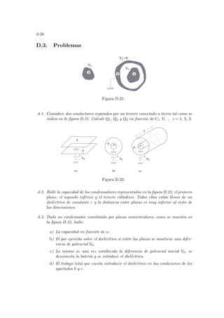 d-26
D.3. Problemas
2 1
3
V
V
V
2
1
=0
3
Figura D.21:
d-1. Considere dos conductores separados por un tercero conectado a tierra tal como se
indica en la figura D.21. Calcule Q1, Q2 y Q3 en función de Ci, Vi , i = 1, 2, 3.
(c)
+
- V0
+
- V0
+
- V0
S
d
b
a
b
a
L
(a) (b)
Figura D.22:
d-2. Halle la capacidad de los condensadores representados en la figura D.22, el primero
plano, el segundo esférico y el tercero cilı́ndrico. Todos ellos están llenos de un
dieléctrico de constante ε y la distancia entre placas es muy inferior al resto de
las dimensiones.
d-3. Dado un condensador constituido por placas semicirculares, como se muestra en
la figura D.23, halle:
a) La capacidad en función de α.
b) El par ejercido sobre el dieléctrico si entre las placas se mantiene una difer-
encia de potencial V0.
c) Lo mismo si, una vez establecida la diferencia de potencial inicial V0, se
desconecta la baterı́a y se introduce el dieléctrico.
d) El trabajo total que cuesta introducir el dieléctrico en las condiciones de los
apartados b y c.
 
