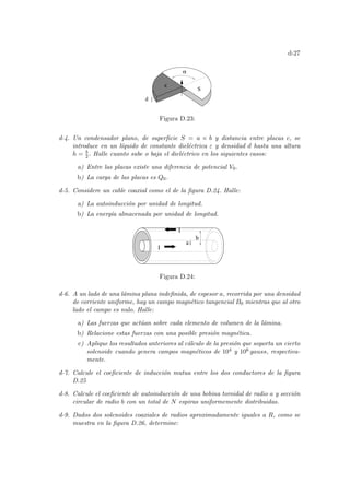 d-27
S
ε
d
α
Figura D.23:
d-4. Un condensador plano, de superficie S = a × b y distancia entre placas c, se
introduce en un lı́quido de constante dieléctrica ε y densidad d hasta una altura
h = b
2. Halle cuanto sube o baja el dieléctrico en los siguientes casos:
a) Entre las placas existe una diferencia de potencial V0.
b) La carga de las placas es Q0.
d-5. Considere un cable coaxial como el de la figura D.24. Halle:
a) La autoinducción por unidad de longitud.
b) La energı́a almacenada por unidad de longitud.
I
I
a
b
Figura D.24:
d-6. A un lado de una lámina plana indefinida, de espesor a, recorrida por una densidad
de corriente uniforme, hay un campo magnético tangencial B0 mientras que al otro
lado el campo es nulo. Halle:
a) Las fuerzas que actúan sobre cada elemento de volumen de la lámina.
b) Relacione estas fuerzas con una posible presión magnética.
c) Aplique los resultados anteriores al cálculo de la presión que soporta un cierto
solenoide cuando genera campos magnéticos de 104 y 106 gauss, respectiva-
mente.
d-7. Calcule el coeficiente de inducción mutua entre los dos conductores de la figura
D.25
d-8. Calcule el coeficiente de autoinducción de una bobina toroidal de radio a y sección
circular de radio b con un total de N espiras uniformemente distribuidas.
d-9. Dados dos solenoides coaxiales de radios aproximadamente iguales a R, como se
muestra en la figura D.26, determine:
 