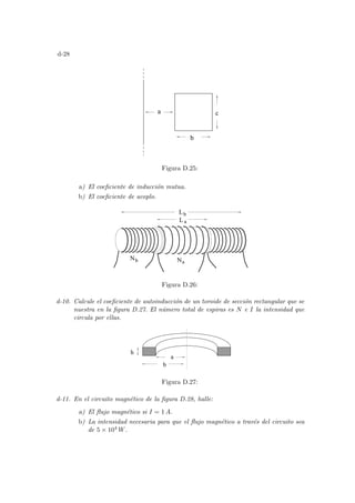 d-28
c
a
b
Figura D.25:
a) El coeficiente de inducción mutua.
b) El coeficiente de acoplo.
L
Lb
a
Nb Na
Figura D.26:
d-10. Calcule el coeficiente de autoinducción de un toroide de sección rectangular que se
nuestra en la figura D.27. El número total de espiras es N e I la intensidad que
circula por ellas.
b
a
h
Figura D.27:
d-11. En el circuito magnético de la figura D.28, halle:
a) El flujo magnético si I = 1 A.
b) La intensidad necesaria para que el flujo magnético a través del circuito sea
de 5 × 104 W.
 