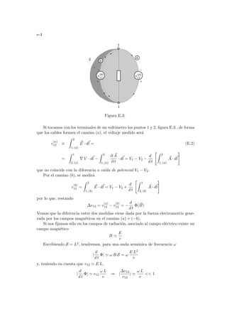 e-4
a
2
1
v
S
12
(a)
v12
(b)
b
Figura E.3:
Si tocamos con los terminales de un voltı́metro los puntos 1 y 2, figura E.3 , de forma
que los cables formen el camino (a), el voltaje medido será
v
(a)
12 ≡
Z 2
1, (a)
~
E · d~
l = (E.2)
=
Z 1
2, (a)
∇ V · d~
l −
Z 2
1, (a)
∂ ~
A
∂ t
· d~
l = V1 − V2 −
d
d t
Z 2
1, (a)
~
A · d~
l
#
que no coincide con la diferencia o caı́da de potencial V1 − V2.
Por el camino (b), se medirá
v
(b)
12 =
Z 2
1, (b)
~
E · d~
l = V1 − V2 +
d
d t
Z 1
2, (b)
~
A · d~
l
#
por lo que, restando
∆v12 = v
(a)
12 − v
(b)
12 = −
d
d t
Φ( ~
B)
Vemos que la diferencia entre dos medidas viene dada por la fuerza electromotriz gene-
rada por los campos magnéticos en el camino (a) + (−b).
Si nos fijamos sólo en los campos de radiación, asociado al campo eléctrico existe un
campo magnético
B '
E
v
Escribiendo S = L2, tendremos, para una onda armónica de frecuencia ω
|
d
d t
Φ| ' ω B S = ω
E L2
v
y, teniendo en cuenta que v12 ' E L,
|
d
d t
Φ| ' v12
ω L
v
⇒ |
∆v12
v12
| '
ω L
v
 1
 