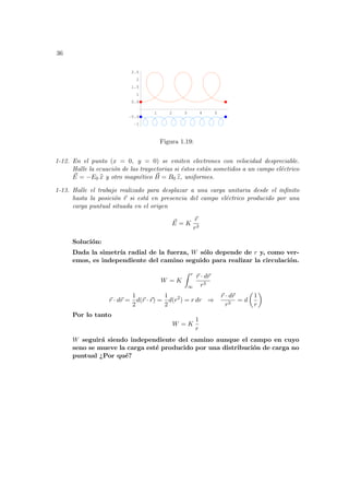 36
1 2 3 4 5
-1
-0.5
0.5
1
1.5
2
2.5
Figura 1.19:
1-12. En el punto (x = 0, y = 0) se emiten electrones con velocidad despreciable.
Halle la ecuación de las trayectorias si éstos están sometidos a un campo eléctrico
~
E = −E0 b
x y otro magnético ~
B = B0 b
z, uniformes.
1-13. Halle el trabajo realizado para desplazar a una carga unitaria desde el infinito
hasta la posición ~
r si está en presencia del campo eléctrico producido por una
carga puntual situada en el origen
~
E = K
~
r
r3
Solución:
Dada la simetrı́a radial de la fuerza, W sólo depende de r y, como ver-
emos, es independiente del camino seguido para realizar la circulación.
W = K
Z r
∞
~
r · d~
r
r3
~
r · d~
r =
1
2
d(~
r · ~
r) =
1
2
d(r2
) = r dr ⇒
~
r · d~
r
r3
= d
µ
1
r
¶
Por lo tanto
W = K
1
r
W seguirá siendo independiente del camino aunque el campo en cuyo
seno se mueve la carga esté producido por una distribución de carga no
puntual ¿Por qué?
 