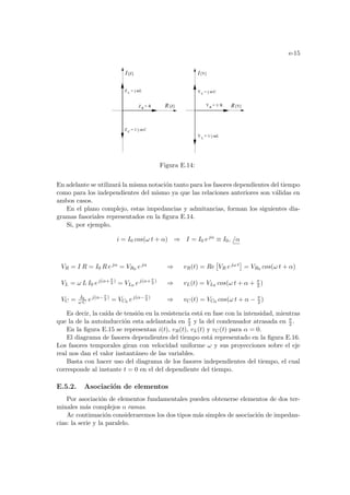 e-15
[Y]
R
= R
Z L
= j ωL
ZC
= j ω C
1/
YC
= j ω C
YR
= 1/ R
L
=
Y j ωL
1/
I
R
I
R
[Z]
[Z]
[Y]
Z
Figura E.14:
En adelante se utilizará la misma notación tanto para los fasores dependientes del tiempo
como para los independientes del mismo ya que las relaciones anteriores son válidas en
ambos casos.
En el plano complejo, estas impedancias y admitancias, forman los siguientes dia-
gramas fasoriales representados en la figura E.14.
Si, por ejemplo,
i = I0 cos(ω t + α) ⇒ I = I0 ejα
≡ I0, /α
VR = I R = I0 R ejα = VR0 ejα ⇒ vR(t) = Re
£
VR ejω t
¤
= VR0 cos(ω t + α)
VL = ω L I0 ej(α+π
2
)
= VL0 ej(α+π
2
)
⇒ vL(t) = VL0 cos(ω t + α + π
2 )
VC = I0
ω C ej(α−π
2
)
= VC0 ej(α−π
2
)
⇒ vC(t) = VC0 cos(ω t + α − π
2 )
Es decir, la caı́da de tensión en la resistencia está en fase con la intensidad, mientras
que la de la autoinducción esta adelantada en π
2 y la del condensador atrasada en π
2 .
En la figura E.15 se representan i(t), vR(t), vL(t) y vC(t) para α = 0.
El diagrama de fasores dependientes del tiempo está representado en la figura E.16.
Los fasores temporales giran con velocidad uniforme ω y sus proyecciones sobre el eje
real nos dan el valor instantáneo de las variables.
Basta con hacer uso del diagrama de los fasores independientes del tiempo, el cual
corresponde al instante t = 0 en el del dependiente del tiempo.
E.5.2. Asociación de elementos
Por asociación de elementos fundamentales pueden obtenerse elementos de dos ter-
minales más complejos o ramas.
Ac continuación consideraremos los dos tipos más simples de asociación de impedan-
cias: la serie y la paralelo.
 