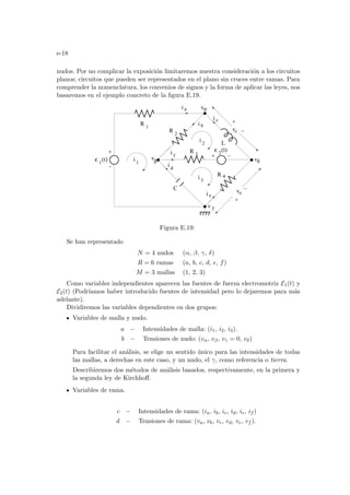 e-18
nudos. Por no complicar la exposición limitaremos nuestra consideración a los circuitos
planos; circuitos que pueden ser representados en el plano sin cruces entre ramas. Para
comprender la nomenclatura, los convenios de signos y la forma de aplicar las leyes, nos
basaremos en el ejemplo concreto de la figura E.19.
2
i
i 3
R 3
R 4
vα
vβ
v γ
vδ
i a
i b
i c
i d
i f
i e
ε 2
(t)
ε 1
(t) 1
i
L
C ve
vc
R 1
R
2
Figura E.19:
Se han representado
N = 4 nudos (α, β, γ, δ)
R = 6 ramas (a, b, c, d, e, f)
M = 3 mallas (1, 2, 3)
Como variables independientes aparecen las fuentes de fuerza electromotriz E1(t) y
E2(t) (Podrı́amos haber introducido fuentes de intensidad pero lo dejaremos para más
adelante).
Dividiremos las variables dependientes en dos grupos:
Variables de malla y nudo.
a − Intensidades de malla: (i1, i2, i3).
b − Tensiones de nudo: (vα, vβ, vγ = 0, vδ)
Para facilitar el análisis, se elige un sentido único para las intensidades de todas
las mallas, a derechas en este caso, y un nudo, el γ, como referencia o tierra.
Describiremos dos métodos de análisis basados, respectivamente, en la primera y
la segunda ley de Kirchhoff.
Variables de rama.
c − Intensidades de rama: (ia, ib, ic, id, ie, if )
d − Tensiones de rama: (va, vb, vc, vd, ve, vf ).
 