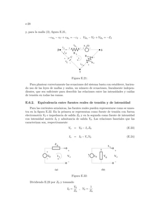 e-20
y, para la malla (3), figura E.21,
−vR4 − vC + vR3 = −ε2 , VR4 − VC + VR3 = −E2
C
i d
i e
ε 2
(t)
R 4
R 3
i f
C
v
R 3
v
R 4
v
β δ
γ
3
Figura E.21:
Para plantear correctamente las ecuaciones del sistema basta con establecer, hacien-
do uso de las leyes de mallas y nudos, un número de ecuaciones, linealmente indepen-
dientes, que sea suficiente para describir las relaciones entre las intensidades y caı́das
de tensión en todas las ramas.
E.6.2. Equivalencia entre fuentes reales de tensión y de intensidad
Para las corrientes armónicas, las fuentes reales pueden representarse como se mues-
tra en la figura E.22. En la primera se representan como fuente de tensión con fuerza
electromotriz V0 e impedancia de salida Z0 y en la segunda como fuente de intensidad
con intensidad motriz I0 y admitancia de salida Y0. Las relaciones fasoriales que las
caracterizan son, respectivamente
Vs = V0 − Is Z0 (E.23)
Is = I0 − Vs Y0 (E.24)
0 0
I
I s Vs Vs
I s
Z0
Y0
(b)
(a)
V
Figura E.22:
Dividiendo E.23 por Z0 y tomando
I0 =
V0
Z0
, Y0 =
1
Z0
 