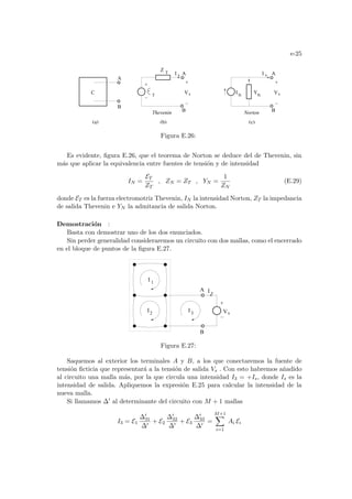 e-25
A
Vs Vs
I s
I s
Thevenin Norton
Z
I Y
C T N
T
N
(a) (b) (c)
A
B
A
B B
Figura E.26:
Es evidente, figura E.26, que el teorema de Norton se deduce del de Thevenin, sin
más que aplicar la equivalencia entre fuentes de tensión y de intensidad
IN =
ET
ZT
, ZN = ZT , YN =
1
ZN
(E.29)
donde ET es la fuerza electromotriz Thevenin, IN la intensidad Norton, ZT la impedancia
de salida Thevenin e YN la admitancia de salida Norton.
Demostración :
Basta con demostrar uno de los dos enunciados.
Sin perder generalidad consideraremos un circuito con dos mallas, como el encerrado
en el bloque de puntos de la figura E.27.
I 1
I2
I 3 Vs
I s
A
B
Figura E.27:
Saquemos al exterior los terminales A y B, a los que conectaremos la fuente de
tensión ficticia que representará a la tensión de salida Vs . Con esto habremos añadido
al circuito una malla más, por la que circula una intensidad I3 = +Is, donde Is es la
intensidad de salida. Apliquemos la expresión E.25 para calcular la intensidad de la
nueva malla.
Si llamamos ∆0 al determinante del circuito con M + 1 mallas
I3 = E1
∆0
31
∆0
+ E2
∆0
32
∆0
+ E3
∆0
33
∆0
=
M+1
X
i=1
Ai Ei
 