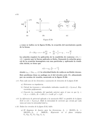 e-54
F
t=0
t
V0
g
M
g
M
(a) (b) (c)
y=0
y
L
i(t)
R
Figura E.59:
y como se indica en la figura E.59a, la ecuación del movimiento queda
de la forma
F = M g − ν v = M
d v
d t
⇒
d v
d t
+
1
τ
v = g , τ ≡
M
ν
La solución requiere la aplicación de la condición de contorno v(0+) =
v(0−) puesto que la fuerza aplicada es finita. Sumando la solución gene-
ral de la ecuación homogénea con una particular y aplicando la condi-
ción inicial, se tiene que
v(t) = vlim
³
1 − e− t
τ
´
siendo vlim = lı́mt→∞ v(t) la velocidad lı́mite de caı́da en un fluido viscoso.
Este problema tiene su análogo en el del circuito serie RL, alimentado
por un escalon de tensión, mostrado en la figura E.59c
e-8. Para cada uno de los elementos o asociación de elementos de la figura E.60:
a) Determine su impedancia.
b) Calcule las tensiones e intensidades indicadas cuando i(t) = I0 cos ωt. Rep-
resentelas gráficamente.
c) Concrete los resultados del apartado anterior para el caso en que I0 =
1 A, ν = 1 KHz, R = 1 KΩ, L = 1 mH y C = 1 µF.
e-9. La diferencia de potencial aplicada a la asociación RLC en paralelo de la figura
E.61 es v(t) = V0 sen ωt. Halle la intensidad de corriente que circula por cada
rama ası́ como la intensidad total iT .
e-10. Dados los circuitos de la figura E.62, halle:
a) El diagrama de fasores para las frecuencias, f1 = 20 KHz, f2 =
100 KHz, f3 = 500KHz. Represente en el plano complejo
Ve, VR1, VL, VC, VR2, I1, 12.
 