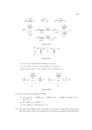 e-55
i(t)
C
+ v (t) -
L
+ v (t) -
R
+ v (t) -
L
i (t)
R
+ v (t) -
R
i (t)
C
+ v (t) -
R
i (t)
R
+ v (t) -
L
i (t)
L
+ v (t) -
C
+ v (t) -
C
+ v (t) -
R
+ v (t) -
C
+ v (t) -
L
i(t) i(t) i(t)
i(t) i(t)
i(t)
+ v (t) -
R
+ v (t) -
Figura E.60:
+ R i (t)
C
i (t)
L
i(t)
-
v(t)
i (t)
Figura E.61:
b) i1 (t) e i2 (t) para las frecuencias f1, f2 y f3.
c) i1 (t), i2 (t), vL (t) y vC (t) cuando ve (t) = V0 u(t).
d) Lo mismo, para f = f3, cuando ve (t) = V0 u(t) cos ω t.
C
v (t)
e v (t)
e
+
-
+
-
+
-
1
+ v (t) -
R1
+ v (t) -
R2
R 1 R 2
v (t)
L
v (t)
C
(a) (b)
i (t) 2
i (t)
L
Figura E.62:
e-11. En el circuito de la figura E.63 halle:
a) i(t) para f1 = 100 Hz, f2 = 2 KHz y f3 = 10 KHz, cuando ve(t) =
10 cos ωt V .
b) i(t) cuando ve = 10 u(t) V .
c) i(t) cuando ve = 10 u(t) cos ω t V .
e-12. El circuito de la figura E.64 representa a una sonda atenuadora interpuesta
entre los nudos A y B de un circuito y los terminales de entrada de un osciloscopio.
 