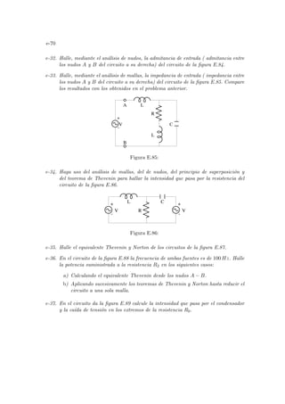 e-70
e-32. Halle, mediante el análisis de nudos, la admitancia de entrada ( admitancia entre
los nudos A y B del circuito a su derecha) del circuito de la figura E.84.
e-33. Halle, mediante el análisis de mallas, la impedancia de entrada ( impedancia entre
los nudos A y B del circuito a su derecha) del circuito de la figura E.85. Compare
los resultados con los obtenidos en el problema anterior.
V
A
B
L
R
L
C
+
-
Figura E.85:
e-34. Haga uso del análisis de mallas, del de nudos, del principio de superposición y
del teorema de Thevenin para hallar la intensidad que pasa por la resistencia del
circuito de la figura E.86.
V
L
R
C
+
-
+
-
V
Figura E.86:
e-35. Halle el equivalente Thevenin y Norton de los circuitos de la figura E.87.
e-36. En el circuito de la figura E.88 la frecuencia de ambas fuentes es de 100 Hz. Halle
la potencia suministrada a la resistencia R2 en los siguientes casos:
a) Calculando el equivalente Thevenin desde los nudos A − B.
b) Aplicando sucesivamente los teoremas de Thevenin y Norton hasta reducir el
circuito a una sola malla.
e-37. En el circuito da la figura E.89 calcule la intensidad que pasa por el condensador
y la caı́da de tensión en los extremos de la resistencia R0.
 