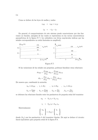f-4
Como se deduce de las leyes de mallas y nudos
vBE = vBC + vCE
iB = −iE − iC
En general, el comportamiento de este sistema puede caracterizarse por dos fun-
ciones no lineales, ejemplos de las cuales se representan en las curvas caracterı́sticas
paramétricas de la figura F.7 ( los subı́ndices con letras mayúsculas indican que las
señales correspondientes no están limitadas en amplitud).
(V)
5 10
0
50
100
150
2
4
vCE (V)
( A)
µ
I B
I (mA)
C
vCE (V)
( A)
µ
I B
5 10
0
50
100
150
v
0.1
0.2
BE
Figura F.7:
Si las variaciones de las señales son pequeñas, podemos linealizar estas relaciones:
dvBE =
∂ vBE
∂ iB
diB +
∂ vBE
∂ vCE
dvCE
diC =
∂ iC
∂ iB
diB +
∂ iC
∂ vCE
dvCE
De manera que, cambiando la notación
vbe ≡ dvBE , ic ≡ diC , ib ≡ diB , vce ≡ dvCE
hie ≡ ∂ vBE
∂ iB
, hre ≡ ∂ vBE
∂ vCE
, hfe ≡ ∂ iC
∂ iB
, hoe ≡ ∂ iC
∂ vCE
se obtienen las relaciones lineales entre los parámetros de pequeña señal del transistor
vbe = hie ib + hre vce
ic = hfe ib + hoe vce
Matricialmente 


vbe
ic



= (hij) ·



ib
vce



donde (hij) son los parámetros h del transistor bipolar. De aquı́ se deduce el circuito
lineal equivalente para pequeña señal de la figura F.8.
 