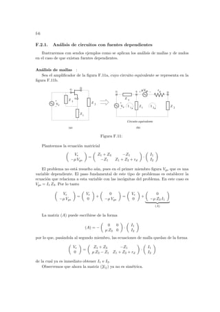 f-6
F.2.1. Análisis de circuitos con fuentes dependientes
Ilustraremos con sendos ejemplos como se aplican los análisis de mallas y de nudos
en el caso de que existan fuentes dependientes.
Análisis de mallas :
Sea el amplificador de la figura F.11a, cuyo circuito equivalente se representa en la
figura F.11b.
1
Z 2
G D
rd
I 1
I 2
e
S
µ
V
gs
Circuito equivalente
V
(b)
Z 3
Ve
Z1
Z 2
G
D
S Z 3
(a)
Z
Figura F.11:
Planteemos la ecuación matricial
µ
Ve
−µ Vgs
¶
=
µ
Z1 + Z3 −Z1
−Z1 Z1 + Z2 + rd
¶
·
µ
I1
I2
¶
El problema no está resuelto aún, pues en el primer miembro figura Vgs que es una
variable dependiente. El paso fundamental de este tipo de problemas es establecer la
ecuación que relaciona a esta variable con las incógnitas del problema. En este caso es
Vgs = I1 Z3. Por lo tanto
µ
Ve
−µ Vgs
¶
=
µ
Ve
0
¶
+
µ
0
−µ Vgs
¶
=
µ
Ve
0
¶
+
µ
0
−µ Z3 I1
¶
| {z }
(A)
La matriz (A) puede escribirse de la forma
(A) = −
µ
0 0
µ Z3 0
¶
·
µ
I1
I2
¶
por lo que, pasándola al segundo miembro, las ecuaciones de malla quedan de la forma
µ
Ve
0
¶
=
µ
Z1 + Z3 −Z1
µ Z3 − Z1 Z1 + Z2 + rd
¶
·
µ
I1
I2
¶
de la cual ya es inmediato obtener I1 e I2.
Observemos que ahora la matriz (Yij) ya no es simétrica.
 