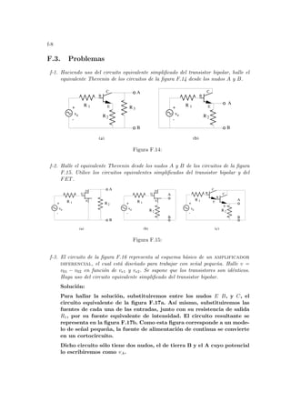 f-8
F.3. Problemas
f-1. Haciendo uso del circuito equivalente simplificado del transistor bipolar, halle el
equivalente Thevenin de los circuitos de la figura F.14 desde los nudos A y B.
A
E
C
B
+
-
R 1
R2
ve
E
C
B
+
-
B
R 1
R2
ve
A
B
R3
(a) (b)
Figura F.14:
f-2. Halle el equivalente Thevenin desde los nudos A y B de los circuitos de la figura
F.15. Utilice los circuitos equivalentes simplificados del transistor bipolar y del
FET.
A
+
-
R 1
ve
S
G
D
A
R2
(a)
B
+
-
R 1
ve R2
(b)
B
S
G
D
A
E
C
B
R2
+
-
ve
R 1
B
(c)
E
C
B
Figura F.15:
f-3. El circuito de la figura F.16 representa al esquema básico de un amplificador
diferencial, el cual está diseñado para trabajar con señal pequeña. Halle v =
v01 − v02 en función de ve1 y ve2. Se supone que los transistores son idénticos.
Haga uso del circuito equivalente simplificado del transistor bipolar.
Solución:
Para hallar la solución, substituiremos entre los nudos E B, y C, el
circuito equivalente de la figura F.17a. Ası́ mismo, substituiremos las
fuentes de cada una de las entradas, junto con su resistencia de salida
R1, por su fuente equivalente de intensidad. El circuito resultante se
representa en la figura F.17b. Como esta figura corresponde a un mode-
lo de señal pequeña, la fuente de alimentación de continua se convierte
en un cortocircuito.
Dicho circuito sólo tiene dos nudos, el de tierra B y el A cuyo potencial
lo escribiremos como vA.
 