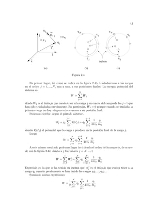 43
infinito
(c)
(b)
(a)
q 1
q j
y
^
x
^
z
^ R i
r
q N
q 1
q j q
i
i
j
q
N
q 1
q j
q N
Figura 2.4:
En primer lugar, tal como se indica en la figura 2.4b, trasladaremos a las cargas
en el orden j = 1, ..., N, una a una, a sus posiciones finales. La energı́a potencial del
sistema es
W =
N
X
j=1
Wj
donde Wj es el trabajo que cuesta traer a la carga j en contra del campo de las j −1 que
han sido trasladadas previamente. En particular, W1 = 0 porque cuando se traslada la
primera carga no hay ninguna otra cercana a su posición final.
Podemos escribir, según el párrafo anterior,
Wj = qj
j−1
X
i=1
Vi(~
rj) = qj
j−1
X
i=1
1
4πε0
qi
Rij
siendo Vi(~
rj) el potencial que la carga i produce en la posición final de la carga j.
Luego
W =
N
X
j=1
qj
j−1
X
i=1
1
4πε0
qi
Rij
A este mismo resultado podemos llegar invirtiendo el orden del transporte, de acuer-
do con la figura 2.4c: dando a j los valores j = N, ..., 1
W =
1
X
j=N
W0
j =
N
X
j=1
qj
N
X
i=j+1
1
4πε0
qi
Rij
Expresión en la que se ha tenido en cuenta que W0
j es el trabajo que cuesta traer a la
carga qj cuando previamente se han traido las cargas qN , ..., qj+1.
Sumando ambas expresiones
W =
1
2
N
X
j=1
qj
N
X
i6=j
i=1
1
4πε0
qi
Rij
 