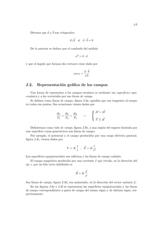 j-3
Diremos que ~
a y ~
b son ortogonales
~
a⊥~
b si ~
a ·~
b = 0
De lo anterior se deduce que el cuadrado del módulo
a2
= ~
a · ~
a
y que el ángulo que forman dos vectores viene dado por
cos α =
~
a ·~
b
a b
J.2. Representación gráfica de los campos
Una forma de representar a los campos escalares es mediante sus superficies equi-
escalares y a los vectoriales por sus lı́neas de campo.
Se definen como lı́neas de campo, figura J.3a, aquellas que son tangentes al campo
en todos sus puntos. Sus ecuaciones vienen dadas por
dl1
F1
=
dl2
F2
=
dl3
F3
→



d~
r = d~
l
~
F ↑↑ d~
l
Definiremos como tubo de campo, figura J.3b, a una región del espacio limitada por
una superficie cuyas generatrices son lı́neas de campo.
Por ejemplo, el potencial y el campo producidos por una carga eléctrica puntual,
figura J.3c, vienen dados por
V = K
1
r
, ~
E = K
r̂
r2
Las superficies equipotenciales son esféricas y las lı́neas de campo radiales.
El campo magnético producido por una corriente I que circula, en la dirección del
eje z, por un hilo recto indefinido es
~
B = K
b
ϕ
ρ
Sus lı́neas de campo, figura J.3d, son azimutales, en la dirección del vector unitario b
ϕ.
En las figuras J.3e y J.3f se representan las superficies equipotenciales y las lı́neas
de campo correspondientes a pares de cargas del mismo signo y de distinto signo, res-
pectivamente.
 