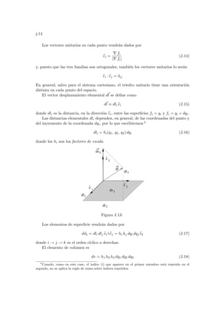 j-14
Los vectores unitarios en cada punto vendrán dados por
b
ei =
∇ fi
|∇ fi|
(J.14)
y, puesto que las tres familias son ortogonales, también los vectores unitarios lo serán
b
ei · b
ej = δij
En general, salvo para el sistema cartesiano, el triedro unitario tiene una orientación
distinta en cada punto del espacio.
El vector desplazamiento elemental d~
l se define como
d~
l ≡ dli b
ei (J.15)
donde dli es la distancia, en la dirección b
ei, entre las superficies fi = qi y fi = qi + dqi.
Las distancias elementales dli dependen, en general, de las coordenadas del punto y
del incremento de la coordenada dqi, por lo que escribiremos 4
dli = hi(q1, q2, q3) dqi (J.16)
donde los hi son los factores de escala.
^
3
e
^
1
e
^
2
dl
ds3
dl3
dl2
dl1
ds3
e
Figura J.13:
Los elementos de superficie vendrán dados por
d~
sk = dli dlj b
ei∧b
ej = hi hj dqi dqj b
ek (J.17)
donde i → j → k es el orden cı́clico a derechas.
El elemento de volumen es
dv = h1 h2 h3 dq1 dq2 dq3 (J.18)
4
Cuando, como en este caso, el indice (i) que aparece en el primer miembro está repetido en el
segundo, no se aplica la regla de suma sobre ı́ndices repetidos.
 