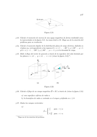 j-27
b
Eje de giro
a
Figura J.21:
j-23. Calcule el momento de inercia de una aguja magnética de forma romboidal como
la representada en la figura J.21. La masa total es M. Haga uso de la simetrı́a del
problema para su resolución.
j-24. Calcule el momento dipolar de la distribución plana de carga eléctrica, definida en
el plano xy, correspondiente a las regiones 0  x ≤ 1 , −30o ≤ ϕ ≤ 30o , ρ = 1
y 0  x ≥ −1 , 120o ≥ ϕ ≥ 60o , ρ = −1. ρ es la densidad de carga.
j-25. Halle el flujo del vector de posición a través de la superficie del cubo limitado por
los planos x = ±1 , y = ±1 , z = ±1 (véase la figura J.22) 5.
^ ^
x=1
y=1
z=1
d s
x
y
z
(a) (b)
r
d s
n=x
x=1
Figura J.22:
j-26. Calcule el flujo de un campo magnético ~
B = B b
z a través de (véase la figura J.23)
a) una superficie esférica de radio a
b) la hemisfera de radio a centrada en el origen y definida en z ≥ 0
j-27. Dados los campos vectoriales:
a)
~
A =



~
r
a para r ≤ a
b
r a2
r2 para r  a
5
Haga uso de las simetrı́as del problema.
 