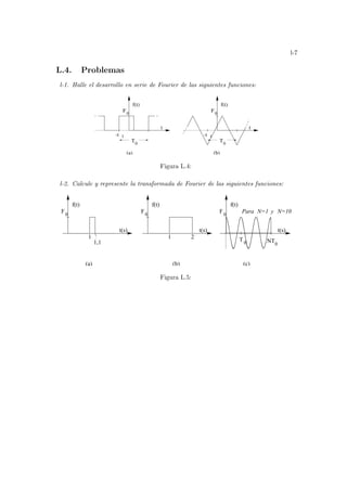l-7
L.4. Problemas
l-1. Halle el desarrollo en serie de Fourier de las siguientes funciones:
-t
f(t)
t
F0
f(t)
t
F0
T0
T0
1
(a) (b)
-t 1
Figura L.4:
l-2. Calcule y represente la transformada de Fourier de las siguientes funciones:
f(t)
F0
t(s)
1
1,1
Para y N=10
N=1
f(t)
F0
t(s)
1 2
f(t)
F0
t(s)
T NT
0 0
(a) (b) (c)
Figura L.5:
 