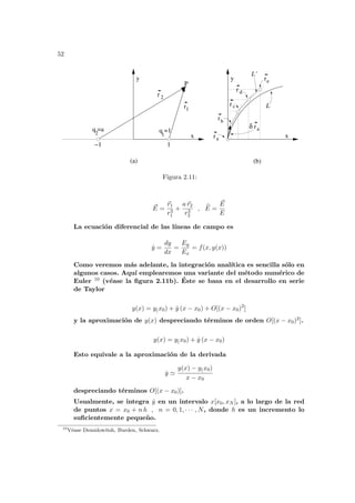 52
L
δ
L’
r1
r 2
x
y
(a)
1
−1
P
q =a q =1
2 1
(b)
ra
x
y
ra
re
r d
r c
rb
Figura 2.11:
~
E =
~
r1
r3
1
+
a~
r2
r3
2
, b
E =
~
E
E
La ecuación diferencial de las lı́neas de campo es
ẏ =
dy
dx
=
Ey
Ex
= f(x, y(x))
Como veremos más adelante, la integración analı́tica es sencilla sólo en
algunos casos. Aquı́ emplearemos una variante del método numérico de
Euler 10 (véase la figura 2.11b). Éste se basa en el desarrollo en serie
de Taylor
y(x) = y(x0) + ẏ (x − x0) + O[(x − x0)2
]
y la aproximación de y(x) despreciando términos de orden O[(x − x0)2].
y(x) = y(x0) + ẏ (x − x0)
Esto equivale a la aproximación de la derivada
ẏ '
y(x) − y(x0)
x − x0
despreciando términos O[(x − x0)].
Usualmente, se integra ẏ en un intervalo x[x0, xN ], a lo largo de la red
de puntos x = x0 + n h , n = 0, 1, · · · , N, donde h es un incremento lo
suficientemente pequeño.
10
Véase Demidowitsh, Burden, Schwarz.
 