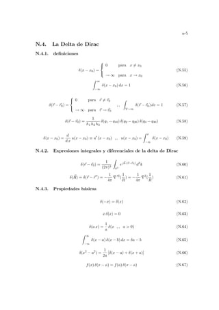 n-5
N.4. La Delta de Dirac
N.4.1. definiciones
δ(x − x0) =



0 para x 6= x0
→ ∞ para x → x0
(N.55)
Z ∞
−∞
δ(x − x0) dx = 1 (N.56)
δ(~
r − ~
r0) =



0 para ~
r 6= ~
r0
→ ∞ para ~
r → ~
r0
, ,
Z
V→∞
δ(~
r − ~
r0) dv = 1 (N.57)
δ(~
r − ~
r0) =
1
h1 h2 h3
δ(q1 − q10) δ(q2 − q20) δ(q3 − q30) (N.58)
δ(x − x0) =
d
d x
u(x − x0) ≡ u0
(x − x0) , , u(x − x0) =
Z x
−∞
δ(x − x0) (N.59)
N.4.2. Expresiones integrales y diferenciales de la delta de Dirac
δ(~
r − ~
r0) =
1
(2π)3
Z
k3
ej~
k·(~
r−~
r0)
d3
k (N.60)
δ(~
R) = δ(~
r − ~
r 0
) = −
1
4π
∇ 02
(
1
R
) = −
1
4π
∇2
(
1
R
) (N.61)
N.4.3. Propiedades básicas
δ(−x) = δ(x) (N.62)
x δ(x) = 0 (N.63)
δ(a x) =
1
a
δ(x , , a  0) (N.64)
Z ∞
−∞
δ(x − a) δ(x − b) dx = δa − b (N.65)
δ(x2
− a2
) =
1
2a
[δ(x − a) + δ(x + a)] (N.66)
f(x) δ(x − a) = f(a) δ(x − a) (N.67)
 