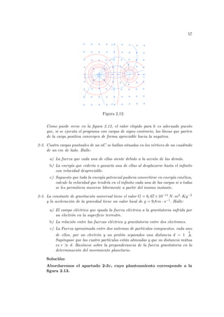57
-2 -1 1 2
-2
-1
1
2
Figura 2.12:
Como puede verse en la figura 2.12, el valor elegido para h es adecuado puesto
que, si se ejecuta el programa con cargas de signo contrario, las lı́neas que parten
de la carga positiva convergen de forma apreciable hacia la negativa.
2-2. Cuatro cargas puntuales de un nC se hallan situadas en los vértices de un cuadrado
de un cm de lado. Halle:
a) La fuerza que cada una de ellas siente debido a la acción de las demás.
b) La energı́a que cederı́a o ganarı́a una de ellas al desplazarse hasta el infinito
con velocidad despreciable.
c) Supuesto que toda la energı́a potencial pudiera convertirse en energı́a cinética,
calcule la velocidad que tendrı́a en el infinito cada una de las cargas si a todas
se les permitiera moverse libremente a partir del mismo instante.
2-3. La constante de gravitación universal tiene el valor G = 6, 67×10−11 N ·m2 ·Kg−2
y la aceleración de la gravedad tiene un valor local de g = 9,8 m · s−1. Halle:
a) El campo eléctrico que iguala la fuerza eléctrica a la gravitatoria sufrida por
un electrón en la superficie terrestre.
b) La relación entre las fuerzas eléctrica y gravitatoria entre dos electrones.
c) La Fuerza aproximada entre dos sistemas de partı́culas compuestos, cada uno
de ellos, por un electrón y un protón separados una distancia d = 1
o
A.
Supóngase que las cuatro partı́culas están alineadas y que su distancia mútua
es r À d. Razónese sobre la preponderancia de la fuerza gravitatoria en la
determinación del movimiento planetario.
Solución:
Abordaremos el apartado 2-3c, cuyo planteamiento corresponde a la
figura 2.13.
 