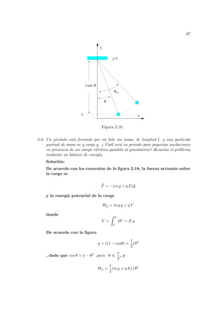 67
x
y
y
y=l
l cos θ
θ
θ 0
Figura 2.18:
2-6. Un péndulo está formado por un hilo sin masa, de longitud l, y una partı́cula
puntual de masa m y carga q. ¿ Cuál será su periodo para pequeñas oscilaciones
en presencia de un campo eléctrico paralelo al gravitatorio? Resuelva el problema
mediante un balance de energı́a.
Solución:
De acuerdo con los convenios de la figura 2.18, la fuerza actuante sobre
la carga es
~
F = −(m g + q E)b
y
y la energı́a potencial de la carga
Wp = m g y + q V
donde
V =
Z y
0
dV = E y
De acuerdo con la figura
y = l(1 − cosθ) '
1
2
l θ2
, dado que cos θ ' 1 − θ2 para θ ¿
π
2
, y
Wp =
1
2
(m g + q E) l θ2
 