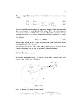 73
En r = a supondremos que tanto el potencial como el campo son con-
tinuos
V1(a) = V2(a) (2.30)
E1(a) = E2(a) ⇒
µ
d V1
d r
¶
r=a
=
µ
d V2
d r
¶
r=a
(2.31)
La continuidad del potencial es necesaria porque si nó, su derivada,
que es el campo, se harı́a infinita. El campo debe ser continuo pues,
como veremos más adelante, sólo puede ser discontinuo a través de una
superficie cuando en la misma existe una densidad superficial de carga.
Por último
V (0) = V0 = finito (2.32)
ya que en el origen no hay cargas puntuales, en cuyas posiciones se dan
las singularidades del campo.
Las cuatro ecuaciones 2.29, 2.30, 2.31 y 2.32 fijan los valores de las
cuatro constantes con lo que el problema queda planteado.
Cálculo directo del campo:
El cálculo para la región (1) es prolijo. No se hará en este lugar pero
puede verse en Lorrain y Corson.
α
θ’
r ’
r = dE r
^
dE
(1) (2)
R
α
P
dv’
r
dE
Figura 2.22:
Para la región (2), véase la figura 2.22
dEr = dE cosα = k ρ0
dv 0
r2
cos α = k ρ0
r 02 sen θ 0 dr 0 dθ,0 dϕ 0
r2
cos α
 