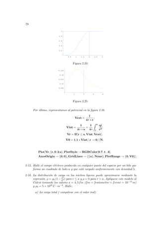 78
0.5 1 1.5 2 2.5 3
0.2
0.4
0.6
0.8
1
Figura 2.24:
1 2 3 4
0.005
0.01
0.015
0.02
0.025
Figura 2.25:
Por último, representamos al potencial en la figura 2.26.
Vext =
1
4π ∗ r
;
Vint =
1
4π ∗ a
+
1
4π
Z a
r
qi
r2
;
Vr = If[r ≤ a, Vint, Vext];
V0 = 1,1 ∗ Vint/.r → 0//N;
Plot[Vr, {r, 0, 2 a}, PlotStyle → RGBColor[0.7, 1, .3],
AxesOrigin → {0, 0}, GridLines → {{a}, None}, PlotRange → {0, V0}];
2-15. Halle el campo eléctrico producido en cualquier punto del espacio por un hilo que
forma un cuadrado de lado a y que está cargado uniformemente con densidad λ.
2-16. La distribución de carga en los núcleos ligeros puede aproximarse mediante la
expresión, ρ = ρ0 (1 − r2
a2 ) para r ≤ a y ρ = 0 para r > a. Aplı́quese este modelo al
Calcio tomando los valores a = 4, 5 fm (fm = femtometro = fermi = 10−15 m)
y ρ0 = 5 × 1025 C · m−3. Halle:
a) La carga total ( compárese con el valor real).
 