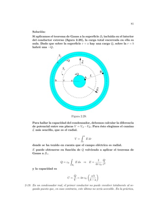 81
Solución:
Si aplicamos el teorema de Gauss a la superficie S2 incluida en el interior
del conductor externo (figura 2.29), la carga total encerrada en ella es
nula. Dado que sobre la superficie r = a hay una carga Q, sobre la r = b
habrá una −Q.
2
1
S
n
A
B
L
+Q
−Q
r a
b
E
S
Figura 2.29:
Para hallar la capacidad del condensador, debemos calcular la diferencia
de potencial entre sus placas V = VA − VB. Para ésto elegimos el camino
L más sencillo, que es el radial.
V =
Z a
b
E dr
donde se ha tenido en cuenta que el campo eléctrico es radial.
E puede obtenerse en función de Q volviendo a aplicar el teorema de
Gauss a S1.
Q = ε0
Z
S1
E ds ⇒ E =
1
4π ε0
Q
r2
y la capacidad es
C =
Q
V
= 4π ε0
µ
a b
b − a
¶
2-19. En un condensador real, el primer conductor no puede envolver totalmente al se-
gundo puesto que, en caso contrario, este último no serı́a accesible. En la práctica,
 