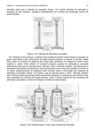 Capítulo 1 - Fundamentos do Funcionamento de Motores

15

tamanho maior que a válvula de exaustão. Figura 1.23 mostra válvulas de admissão e
exaustão do tipo “
poppet” utilizadas principalmente em motores de combustão interna de
,
quatro tempos.
VÁLVULA DE
EXAUSTÃO

VÁLVULA DE
ADMISSÃO
EXTREMIDADE
RANHURAS

HASTE

FACE
CABEÇA

Figura 1.23- Válvulas de admissão e exaustão.
Em motores de dois tempos, o método mais simples de admitir mistura fresca e expulsar os
gases queimados é pelo movimento do pistão expondo janelas na parede do cilindro. Neste
caso, todos os eventos de abertura das portas são simétricos em relação ao ponto morto
superior e ponto morto inferior. É possível produzir eventos de admissão e exaustão
assimétricos pelo uso de válvulas disco, válvulas “
reed” e válvulas “
poppet” permitindo que o
,
fasamento das janelas correspondam mais precisamente aos eventos de pressão no cilindro e
no cárter, proporcionando ao projetista maior controle sobre a otimização dos sistemas de
admissão e exaustão. Figura 1.24 ilustra o uso de válvulas disco e “
reed” Válvulas “
.
poppet”
são de difícil projeto para proporcionar escoamento adequado a motores de dois tempos e são
mais utilizadas em motores de quatro tempos, onde o tempo disponível aos processos de
admissão e exaustão é o dobro em relação a motores de dois tempos.

EXAUSTÃO
VÁLVULA DISCO

VÁLVULA REED
ADMISSÃO

ADMISSÃO

VÁLVULA DISCO

VÁLVULA REED

Figura 1.24- Válvulas disco e “
reed”para controle da admissão.

 