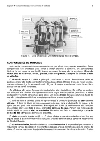 Capítulo 1 - Fundamentos do Funcionamento de Motores

6

CÂMARA DE
COMBUSTÃO

PISTÃO

JANELA DE
EXAUSTÃO

JANELA DE
ADMISSÃO

JANELAS DE
TRANSFERÊNCIA

BIELA

CÁRTER

Figura 1.7- Vista em corte de um motor simples de dois tempos.

COMPONENTES DE MOTORES
Motores de combustão interna são constituídos por vários componentes essenciais. Estes
componentes são projetados para tornar o motor eficiente e confiável. Os componentes
básicos de um motor de combustão interna de quatro tempos são os seguintes: bloco do
motor, eixo de manivelas, bielas, pistões, anéis dos pistões, cabeçote do cilindro e trem
de válvulas.
O bloco do motor é o maior e principal componente do motor. Praticamente todas as
partes do motor são direta ou indiretamente ligadas ao bloco. O bloco é feito de metal fundido,
normalmente uma liga de ferro ou alumínio. Figura 1.8 mostra uma vista em corte de um bloco
básico com as partes instaladas.
Os cilindros são largos furos arredondados feitos através do bloco. Os pistões se ajustam
nos cilindros. Os cilindros são ligeiramente mais largos que os pistões, permitindo a estes
deslizarem livremente para cima e para baixo. Em muitos blocos de liga de alumínio, luvas de
aço são colocadas nos cilindros, e os pistões deslizam em sua superfície.
O topo do bloco é usinado plano. O topo do bloco é unido por parafusos ao cabeçote do
cilindro. O topo do bloco permite a passagem de óleo, para a lubrificação do motor, e de
água (ou ar), para seu resfriamento. Passagens de fluido de resfriamento são também
encontradas através de todo o bloco, chamadas camisas de água. Por um furo feito na parte
inferior do bloco passa o eixo de manivelas. Um outro furo feito no bloco abriga o eixo de
comando das válvulas de admissão e exaustão.
O cárter é a parte inferior do bloco. O cárter abriga o eixo de manivelas e também, em
alguns casos, o eixo de comando das válvulas. O cárter também serve como um reservatório
de óleo lubrificante.
O eixo de manivelas, também conhecido como virabrequim, é responsável por converter o
movimento vertical do pistão em movimento de rotação. O eixo de manivelas gira no interior do
cárter. O eixo de manivelas é projetada de acordo com o número de cilindros do motor. O eixo

 