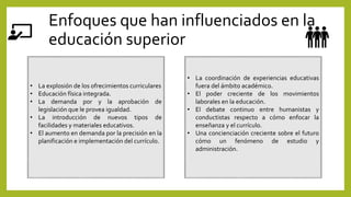 Enfoques que han influenciados en la
educación superior
• La explosión de los ofrecimientos curriculares
• Educación física integrada.
• La demanda por y la aprobación de
legislación que le provea igualdad.
• La introducción de nuevos tipos de
facilidades y materiales educativos.
• El aumento en demanda por la precisión en la
planificación e implementación del currículo.
• La coordinación de experiencias educativas
fuera del ámbito académico.
• El poder creciente de los movimientos
laborales en la educación.
• El debate continuo entre humanistas y
conductistas respecto a cómo enfocar la
enseñanza y el currículo.
• Una concienciación creciente sobre el futuro
cómo un fenómeno de estudio y
administración.
 