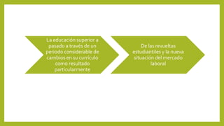 La educación superior a
pasado a través de un
periodo considerable de
cambios en su currículo
como resultado
particularmente
De las revueltas
estudiantiles y la nueva
situación del mercado
laboral
 