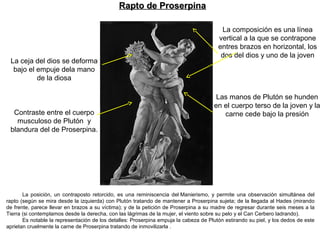 La posición, un contraposto retorcido, es una reminiscencia del Manierismo, y permite una observación simultánea del
rapto (según se mira desde la izquierda) con Plutón tratando de mantener a Proserpina sujeta; de la llegada al Hades (mirando
de frente, parece llevar en brazos a su víctima); y de la petición de Proserpina a su madre de regresar durante seis meses a la
Tierra (si contemplamos desde la derecha, con las lágrimas de la mujer, el viento sobre su pelo y el Can Cerbero ladrando).
Es notable la representación de los detalles: Proserpina empuja la cabeza de Plutón estirando su piel, y los dedos de este
aprietan cruelmente la carne de Proserpina tratando de inmovilizarla .
Rapto de ProserpinaRapto de Proserpina
La ceja del dios se deforma
bajo el empuje dela mano
de la diosa
La composición es una línea
vertical a la que se contrapone
entres brazos en horizontal, los
dos del dios y uno de la joven
Las manos de Plutón se hunden
en el cuerpo terso de la joven y la
carne cede bajo la presiónContraste entre el cuerpo
musculoso de Plutón y
blandura del de Proserpina.
 