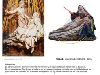 Piedad, Gregorio Fernández, 1616Éxtasis de Santa Teresa, Bernini, 1622
Diferencias:
La composición de Bernini tiene mas movimiento y la figura del ángel marca mas la diagonal.
La composición de Fernández al tratarse de un paso procesional necesita mas estabilidad para no
partirse con los traslado, en ocasiones incorporaba las figuras crucificadas de los dos ladrones
 