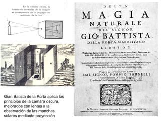 Gian Batista de la Porta aplica los
principios de la cámara oscura,
mejorados con lentes a la
observación de las manchas
solares mediante proyección
 