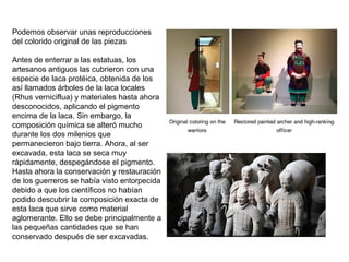 Podemos observar unas reproducciones
del colorido original de las piezas
Antes de enterrar a las estatuas, los
artesanos antiguos las cubrieron con una
especie de laca protéica, obtenida de los
así llamados árboles de la laca locales
(Rhus verniciflua) y materiales hasta ahora
desconocidos, aplicando el pigmento
encima de la laca. Sin embargo, la
composición química se alteró mucho
durante los dos milenios que
permanecieron bajo tierra. Ahora, al ser
excavada, esta laca se seca muy
rápidamente, despegándose el pigmento.
Hasta ahora la conservación y restauración
de los guerreros se había visto entorpecida
debido a que los científicos no habían
podido descubrir la composición exacta de
esta laca que sirve como material
aglomerante. Ello se debe principalmente a
las pequeñas cantidades que se han
conservado después de ser excavadas.
 