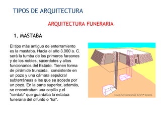 ARQUITECTURA FUNERARIA
TIPOS DE ARQUITECTURA
1. MASTABA
El tipo más antiguo de enterramiento
es la mastaba. Hacia el año 3.000 a. C.
será la tumba de los primeros faraones
y de los nobles, sacerdotes y altos
funcionarios del Estado. Tienen forma
de pirámide truncada, consistente en
un pozo y una cámara sepulcral
subterráneas a las que se accede por
un pozo. En la parte superior, además,
se encontraban una capilla y el
"serdab" que guardaba la estatua
funeraria del difunto o "ka".
 