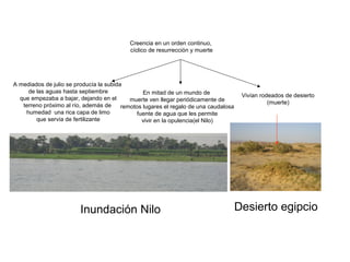 Inundación Nilo
A mediados de julio se producía la subida
de las aguas hasta septiembre
que empezaba a bajar, dejando en el
terreno próximo al río, además de
humedad una rica capa de limo
que servía de fertilizante
Creencia en un orden continuo,
cíclico de resurrección y muerte
Vivían rodeados de desierto
(muerte)
En mitad de un mundo de
muerte ven llegar periódicamente de
remotos lugares el regalo de una caudalosa
fuente de agua que les permite
vivir en la opulencia(el Nilo)
Desierto egipcio
 