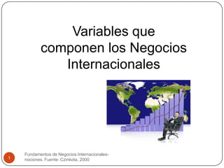 Variables que
           componen los Negocios
              Internacionales




    Fundamentos de Negocios Internacionales-
1   nociones. Fuente: Czinkota, 2000
 